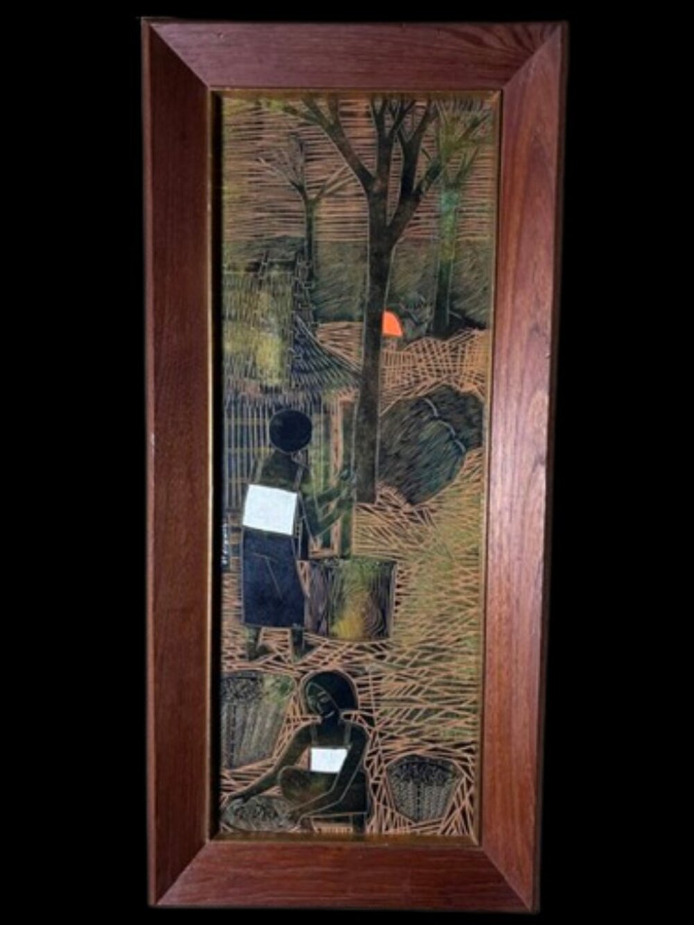 Vintage Sukrid Thareenak Woodblock Painting with Gold Ground on Masonite